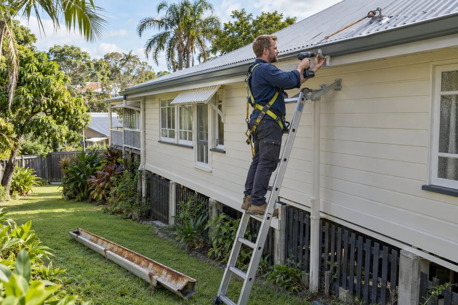 Gutter replacement, Brisbane: new Colorbond gutter being fixed to a highset Queenslander from a ladder
