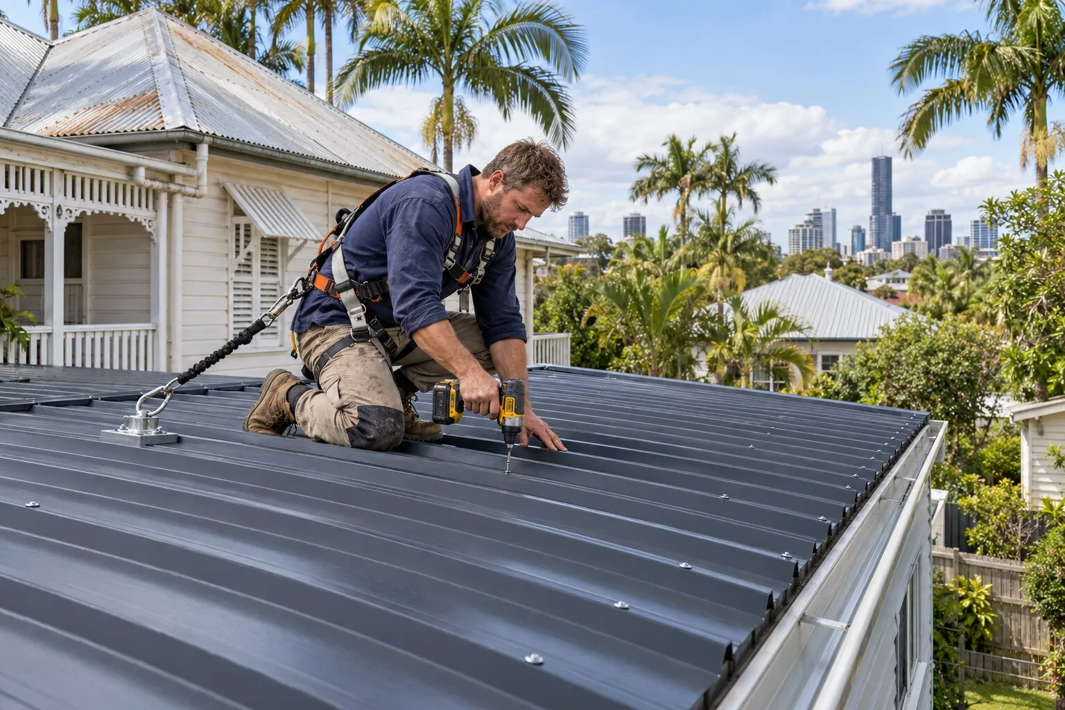Metal roofing, Brisbane: roofer fixing a new dark grey corrugated steel roof beside a Queenslander