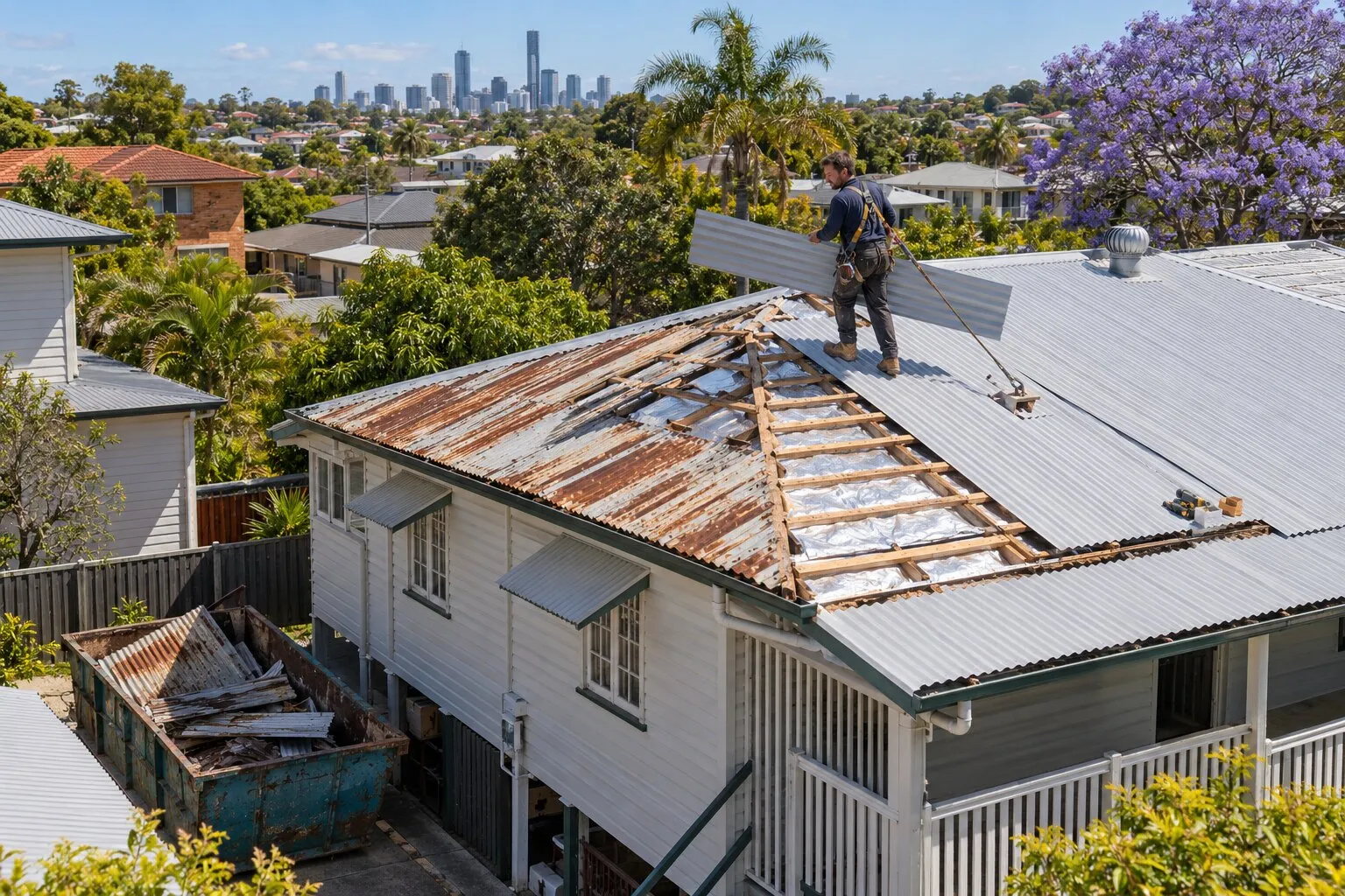 Roof replacement, Brisbane: roofer replacing rusted corrugated iron with new metal sheets on a weatherboard house