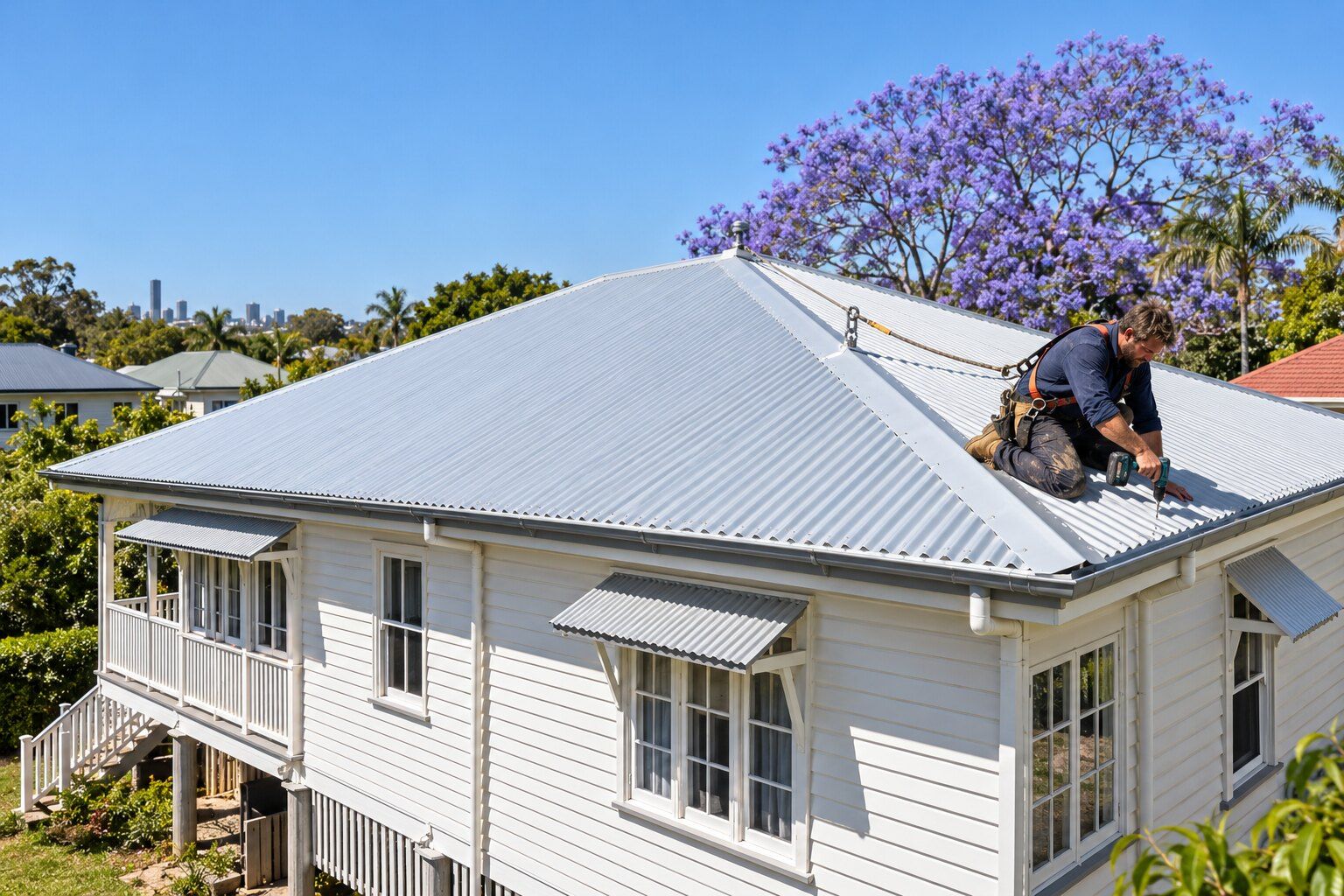 Roofing, Hamilton: roofer in a harness fixing new corrugated iron on a Queenslander roof under a flowering jacaranda