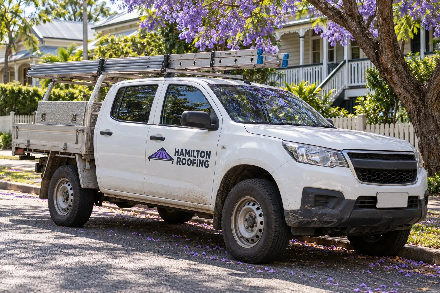 Hamilton Roofing signwriting on the door of a white dual-cab ute with a ladder rack, parked under a jacaranda
