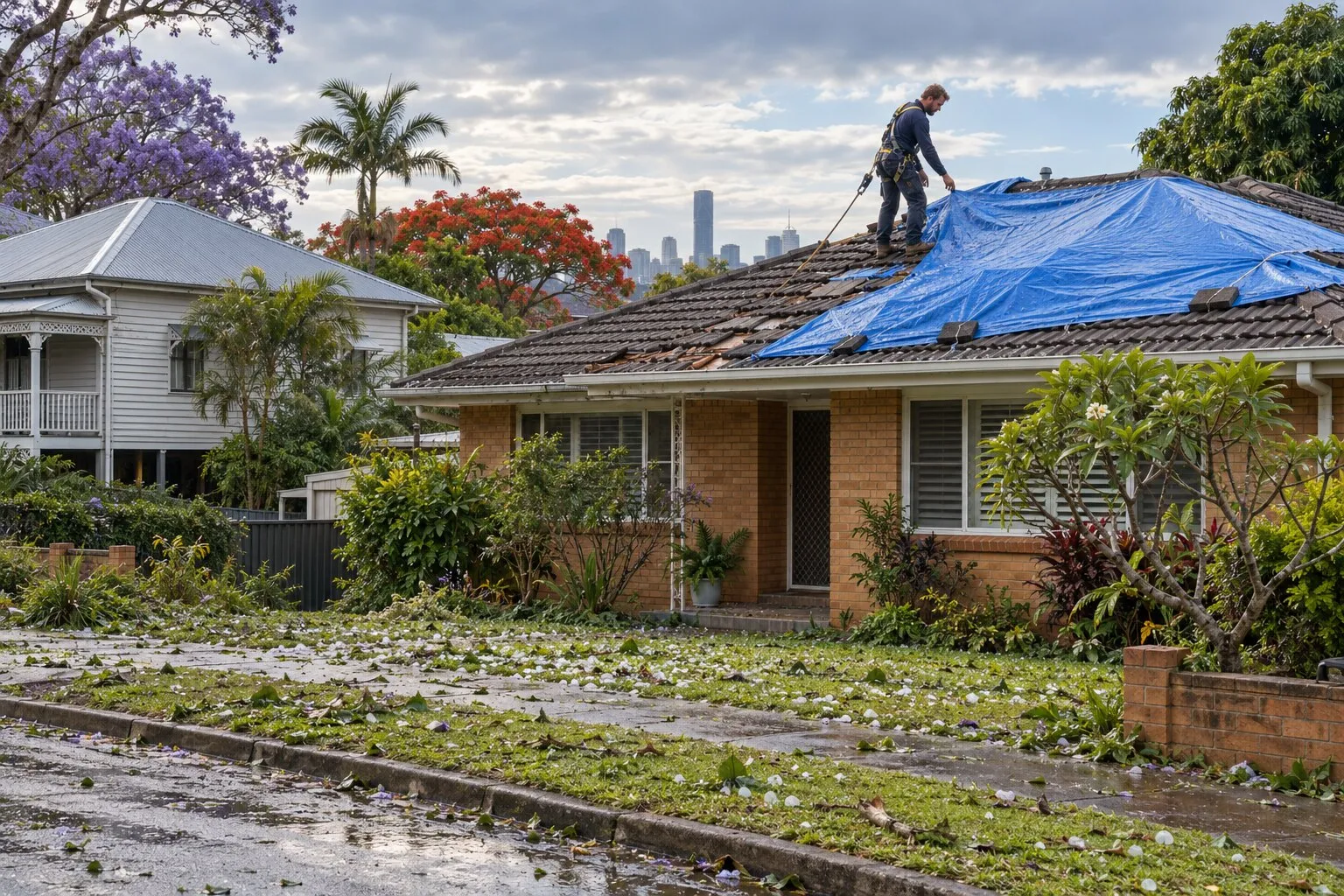 Storm damage roof repair, Brisbane: blue tarp being spread over a hail-damaged tile roof on a brick house